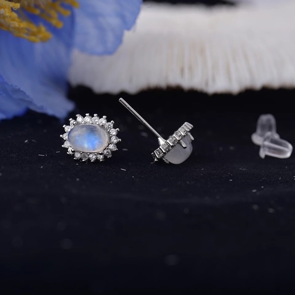 Natural Blue Flashy Moonstone Ear Studs Sterling Silver - Picture 4 of 5